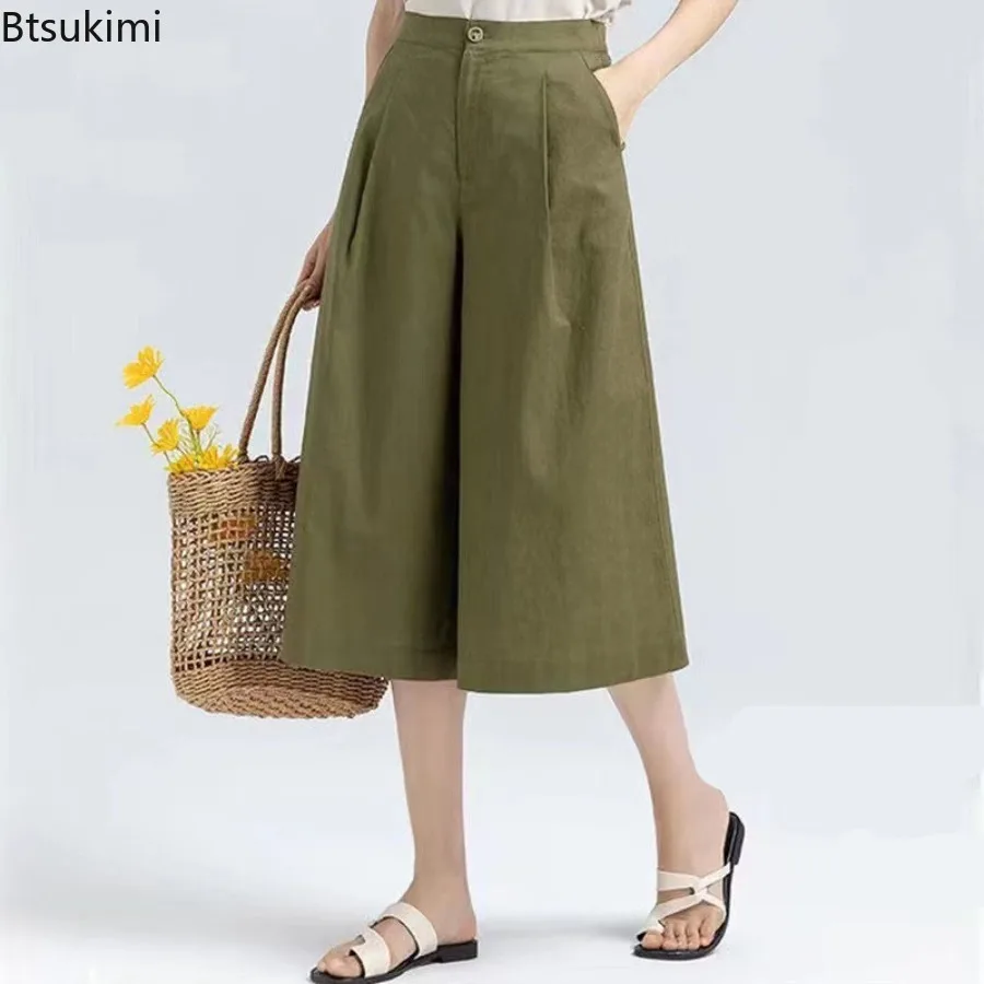 

New Women's Spring Summer Casual Pants Cotton Linen Comfy Baggy Trousers Female Solid Color Seven Point Skirt Pants for Women