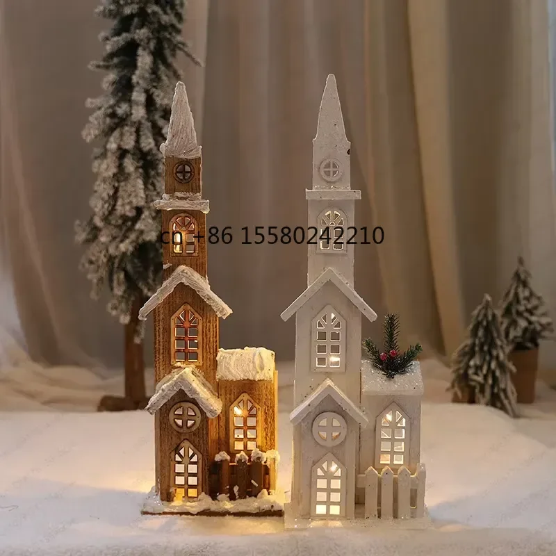 2026 hot for Christmas Decoration Wooden Lights Castle Snow Chalet Ornaments Tree Snow House