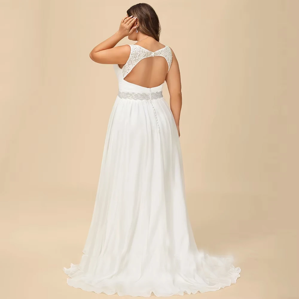 Customized Chiffon Wedding Dress Plus Size Sleeveless V Neck Pleat Beading Belt Open Back Beach Bridal Gown Vestido Bridal Gown