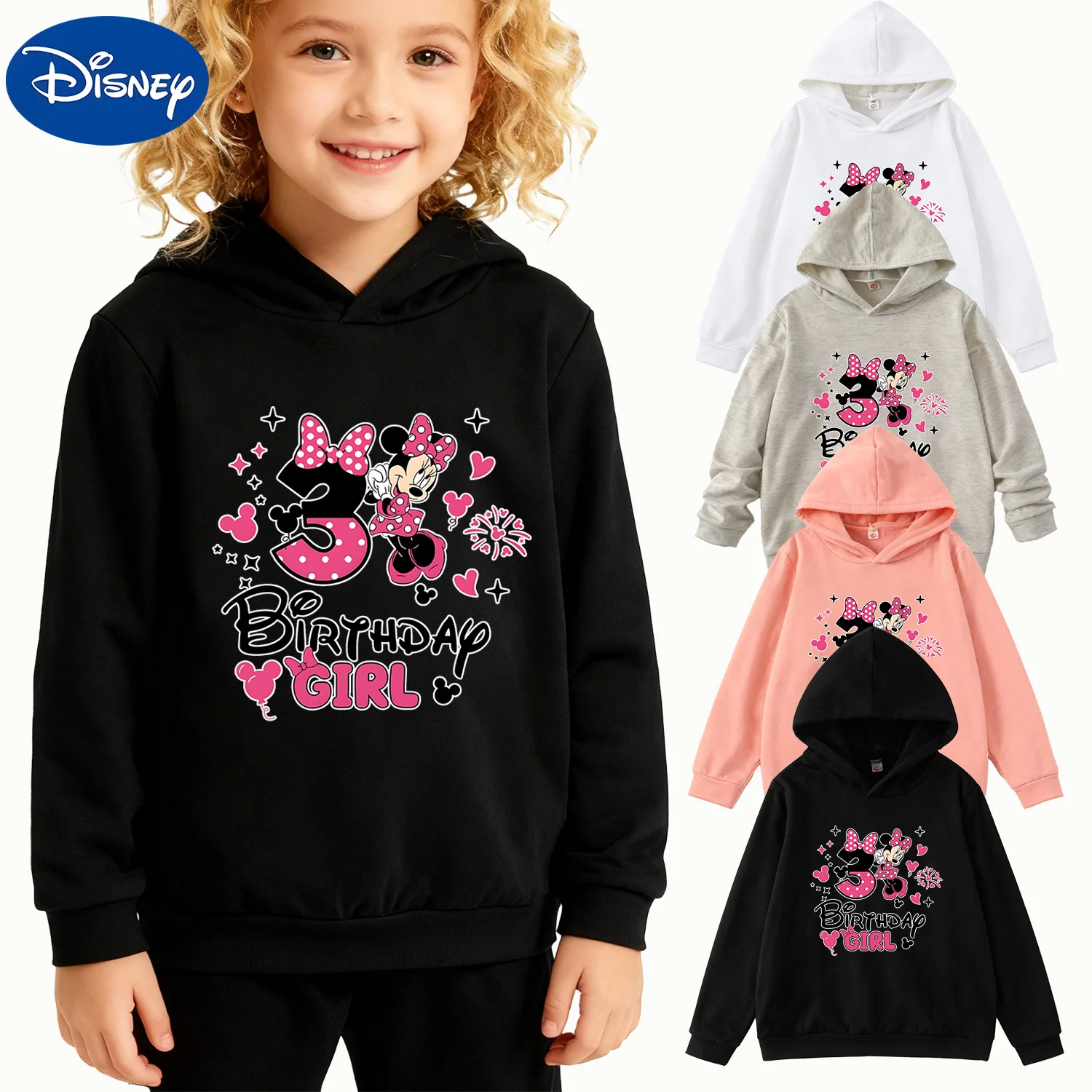 

Kids Disney Minnie Mouse 3rd Birthday Girl Hoodie, Black Long Sleeve Pullover
