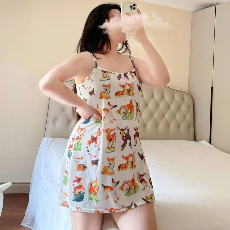 150kg Extra Large Size Loose Loungewear Women Plus Size Suspender Nightdress Cartoon Sexy Lingerie Ladies Soft Night Shirts