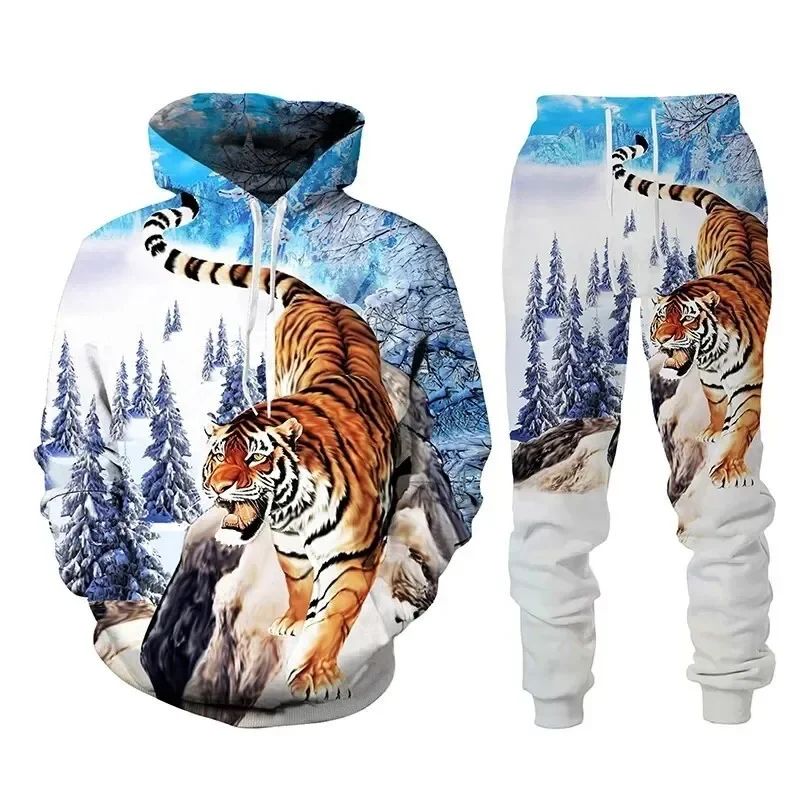 Sudadera con capucha para hombre, chándal con estampado 3D de Tigre y Animal, pantalones informales, ropa de calle de manga larga, jersey de gran tamaño, otoño e invierno, superventas