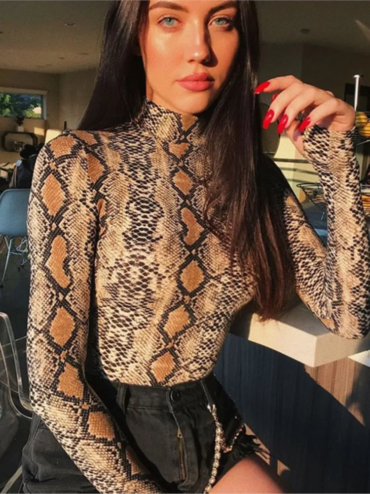 Harajuku Snakeskin Bodysuit Ladies Sexy Snakeskin Turtleneck Long Sleeves Python Fashion 2022 Spring Jumpsuit Bodysuit Ladies