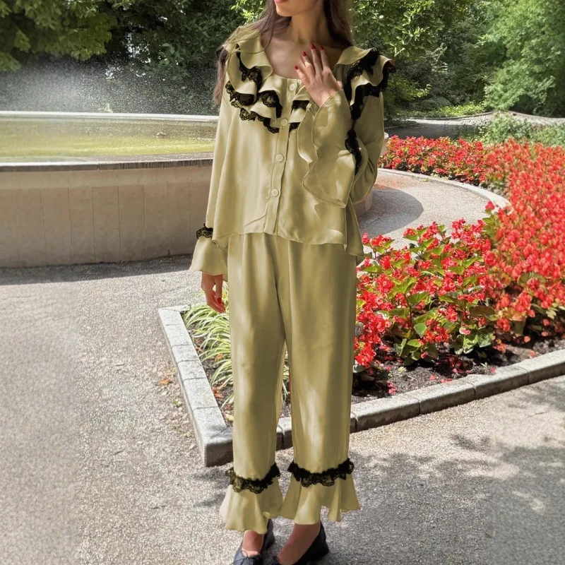 

2026 Spring and Autumn New Fashionable High-end Skin-friendly Small Fragrant Women's Pajamas French Lantern Sleeves Loungewear