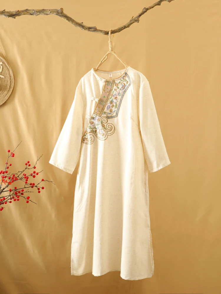 

Длинное хлопково-льняное платье Qipao Dr с вышивкой по бокам и большим размером в стиле ретро, женская мода, весна-лето