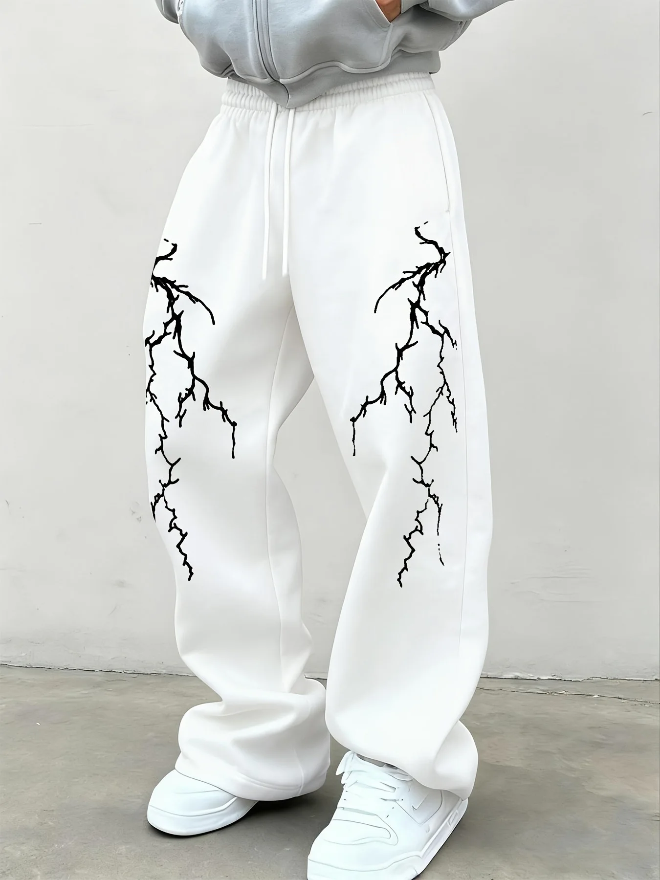 Dark Style Summer Men's Cotton Pants, Black Jogging Pants, Lightning Printed Casual Pants, Elastic Waist Drawstring Pants, Adult