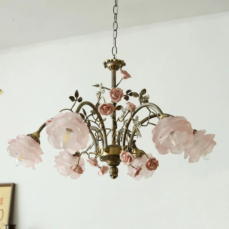 French Pink Ceramics Rose LED Chandeliers Flower Shape Glass Hanging Lamp Living Room Bedroom Restaurant Kitchen Pendant Lights