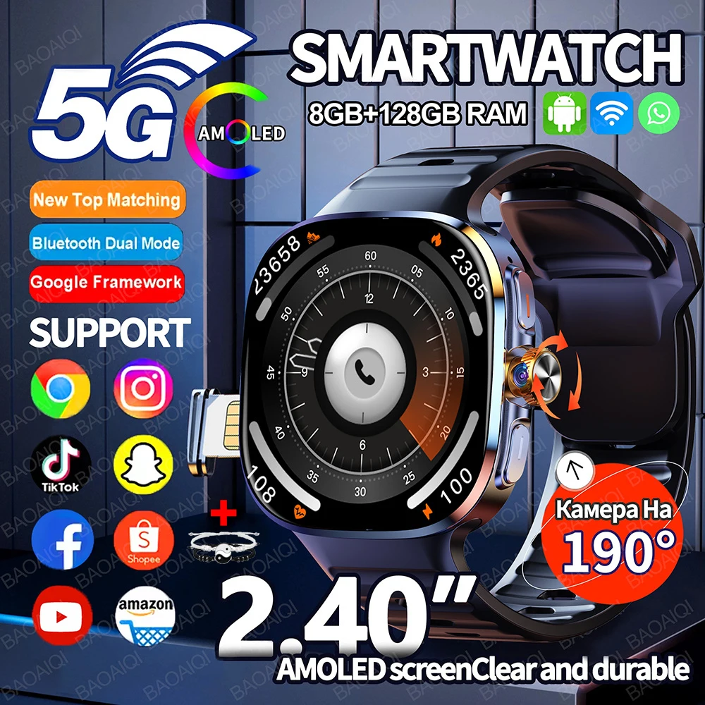 5G/4G All-Network GPS Smart Watch 2.4 inch AMOLED 2100mah Battery 8GB+128GB RAM 1000W Camera WIFI Google APP Download Smartwatch