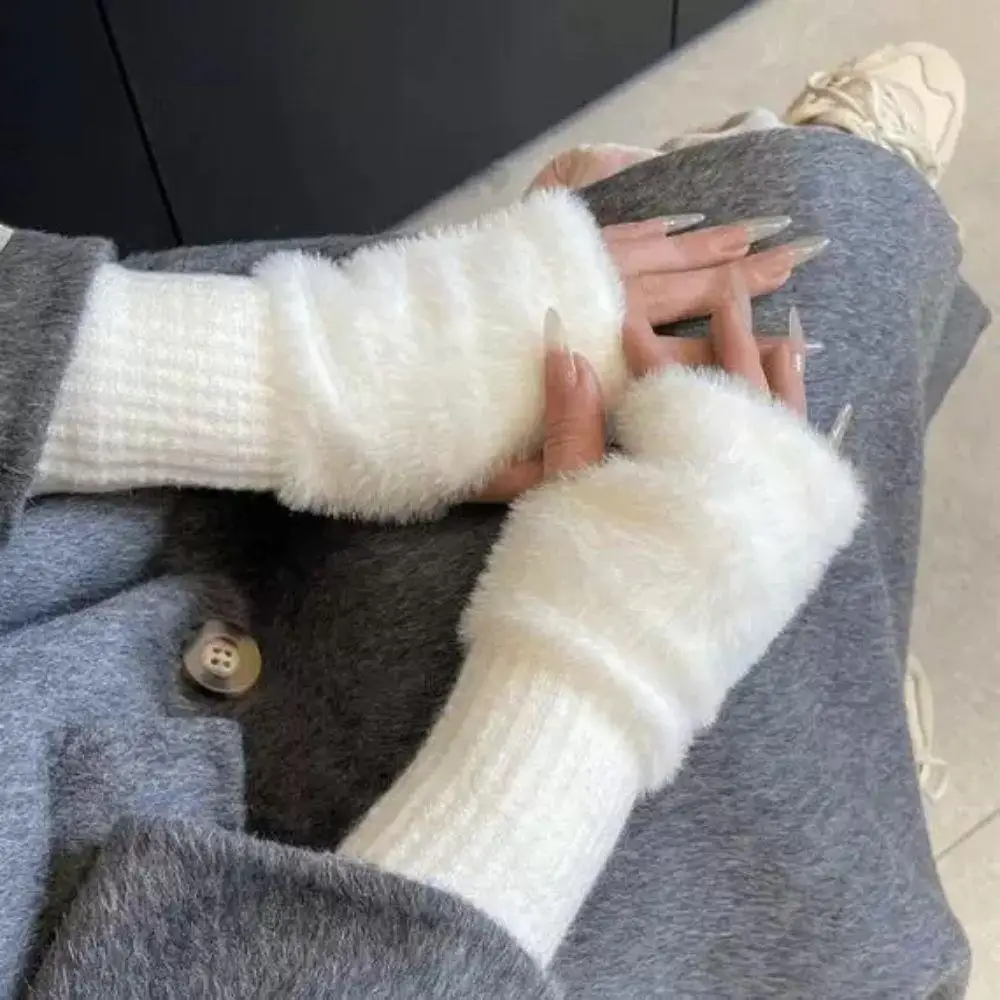 Норковые флисовые мягкие зимние перчатки с половиной пальца, женские чистые белые плюшевые вязаные перчатки без пальцев, корейские варежки на запястье, грелки для рук, хит продаж