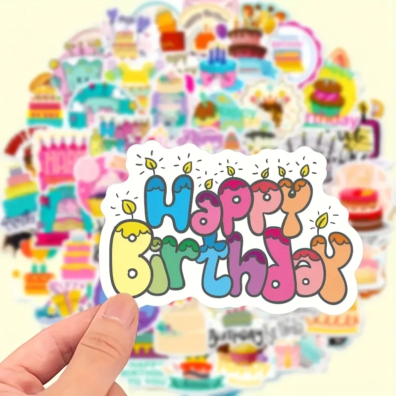 50pcs Birthday Stickers Colorful Assorted Cake Cupcake Party Hats Decorations - Happy Birthday Doodle Stickers for DIY Laptop Water Bottle Fridge Decorations, Festive Object Labeling, Festive Designs, Vibrant Color Printing