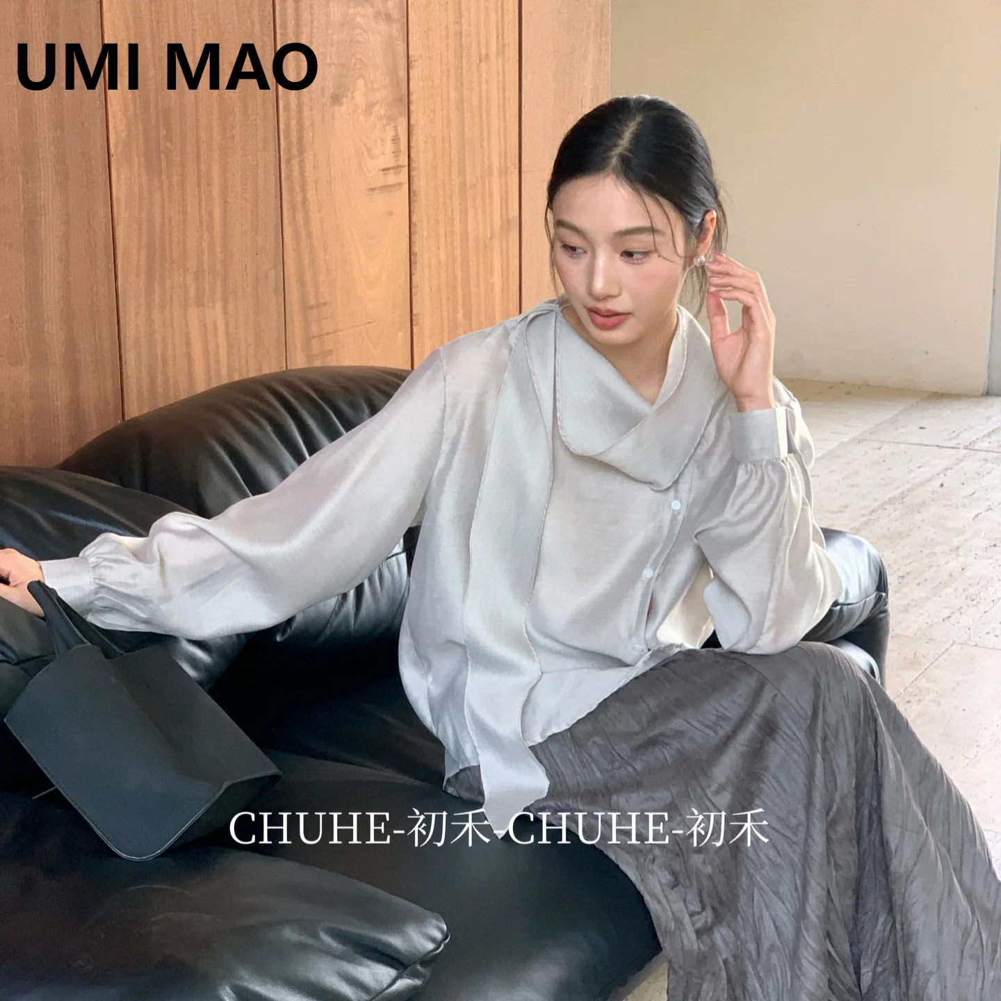 

UMI MAO Design Sense в западном стиле с лентой и темпераментом, однобортная рубашка с длинными рукавами, осенняя новая свободная рубашка для женщин
