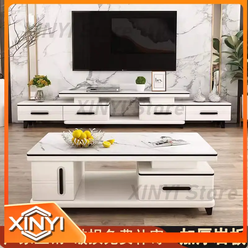 Modern Laminate Extendable TV Stand for Living Room Luxury Coffee Table Set Marble Style TV Cabinet and Tea Table