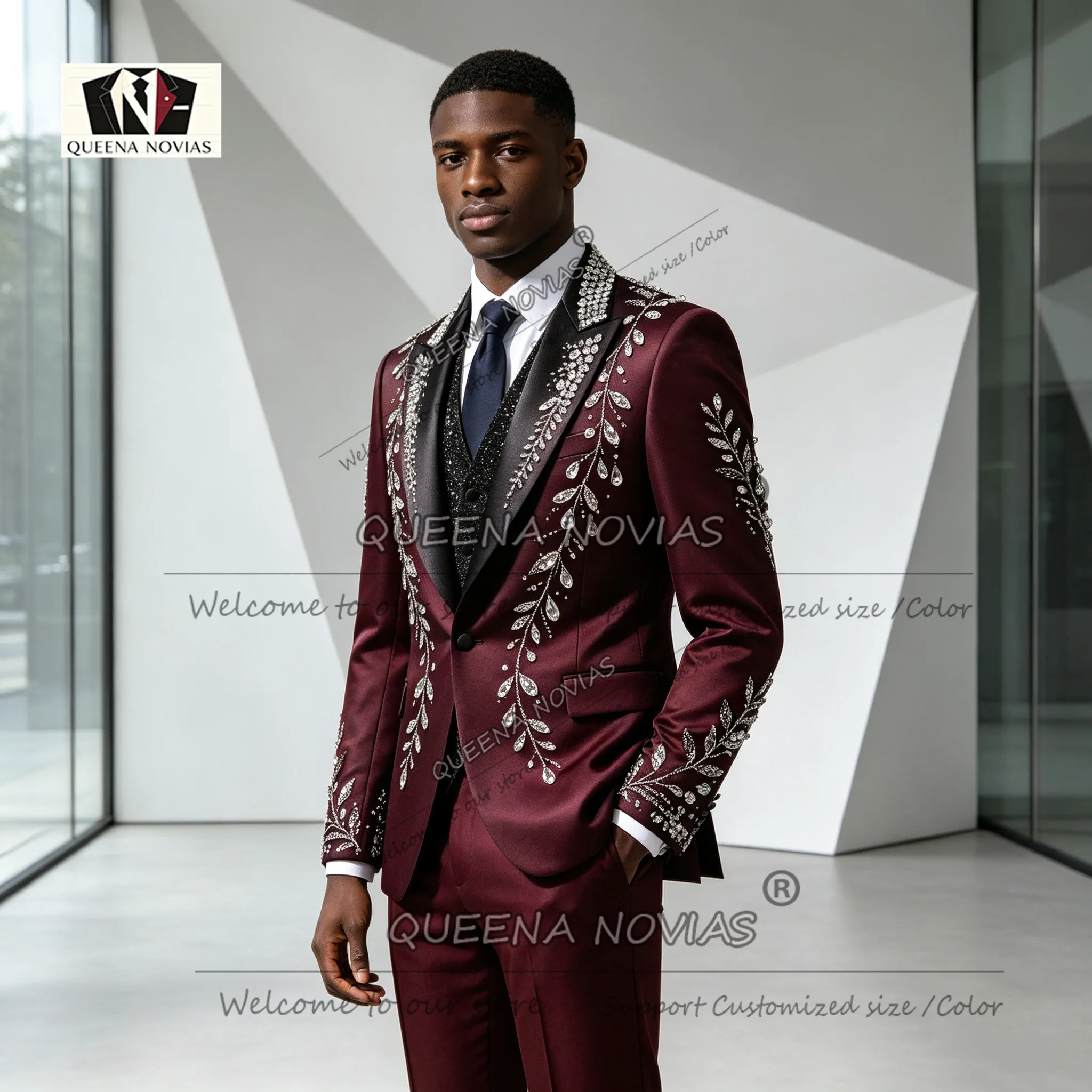 Attractive Weding Suit For Man Sliver Diamond Beadwork Jacket Vest Pants 3 Piece Sets Versatile Multi Versatile Men's Suits