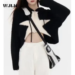 2023 Winter Hotsweet Contrast Color Knitting Long Sleeve Cardigans Women Casual Hooded Zipper Ladies Sexy Short Sweater Top