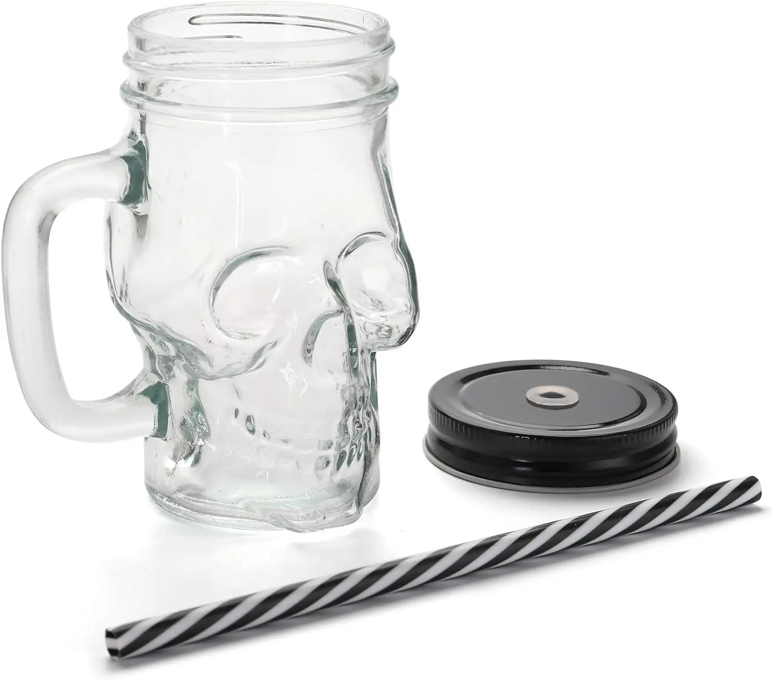 Skull Glass Mason Jar Mug Tumbler Cup With Lids And Straw,Skull Face Glass Wide Mouth Mason Jar Drinking Halloween Glasses