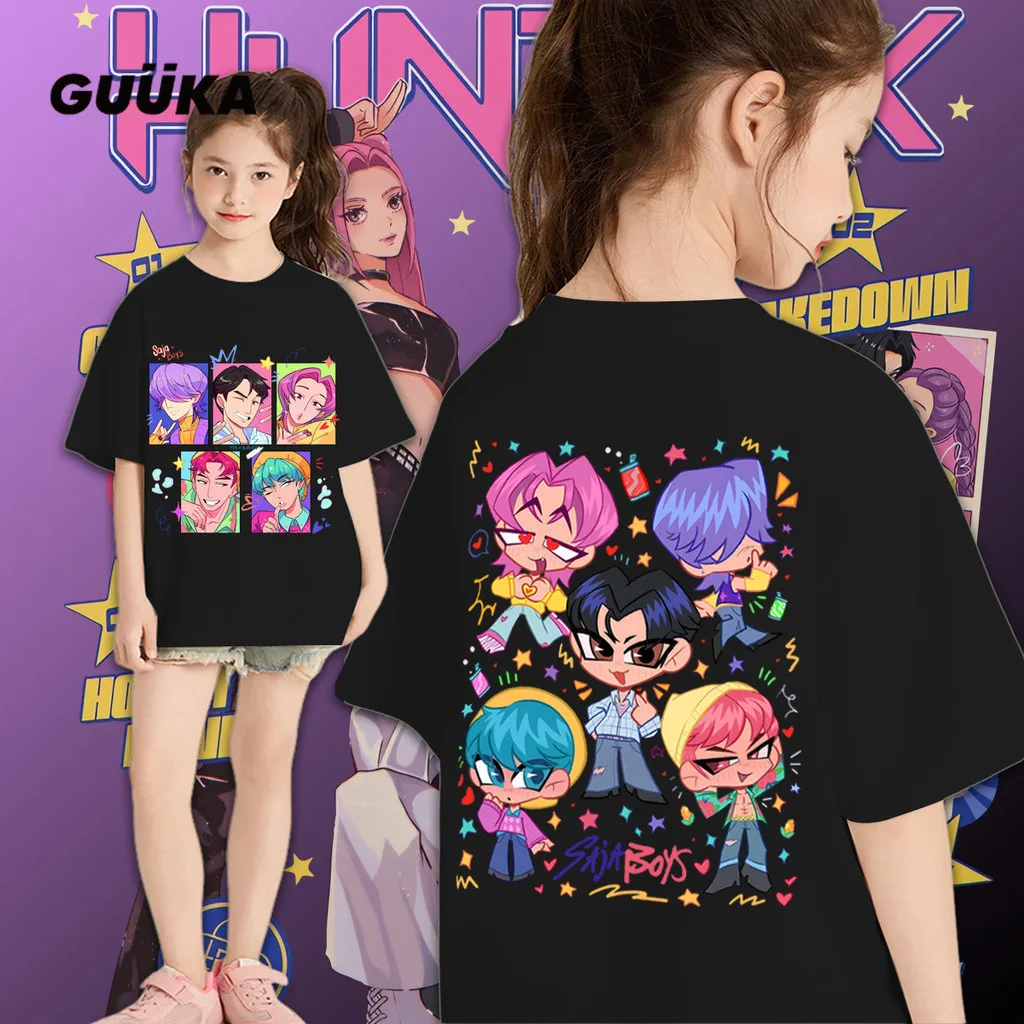 

Kpop Demon Hunters saja boys Cartoon Q version Print T shirt Parent-child Cotton T-Shirt Kids Adult Baju Wanita