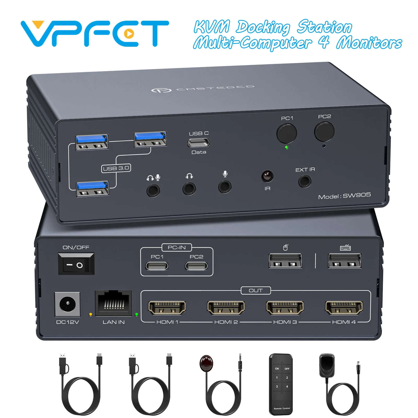 

USB C KVM Switch Multi Computer Four Monitor HDMI 4K@60Hz KVM Docking Station Share 4 Monitors USB 3.2 Device 1000M Ethernet