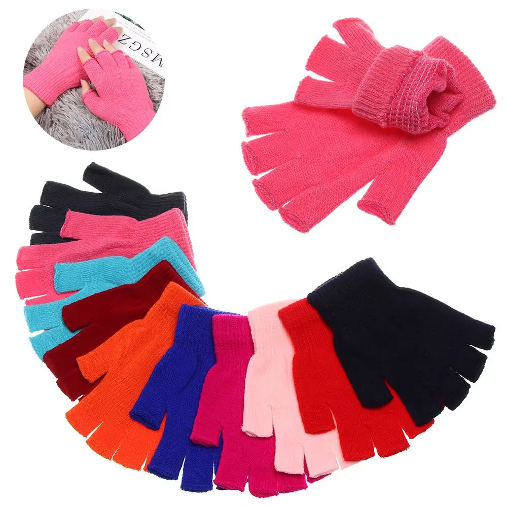 Hot Sale Soft Candy Color Knitted Gloves Short Thick Warm Half Finger Mittens