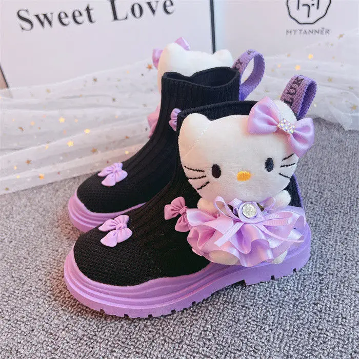 hello kitty Children's Cartoon KT Cat Sock children shoes 2024 Spring And Autumn New Girl Breathable High Knitted Short Boots