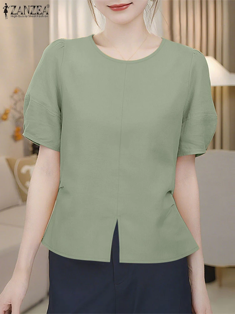 2025 ZANZEA Blusas elegantes para Mujer, camisas de trabajo sólidas de verano, Blusas de manga corta con cuello redondo, Tops OL informales elegantes para oficina para Mujer