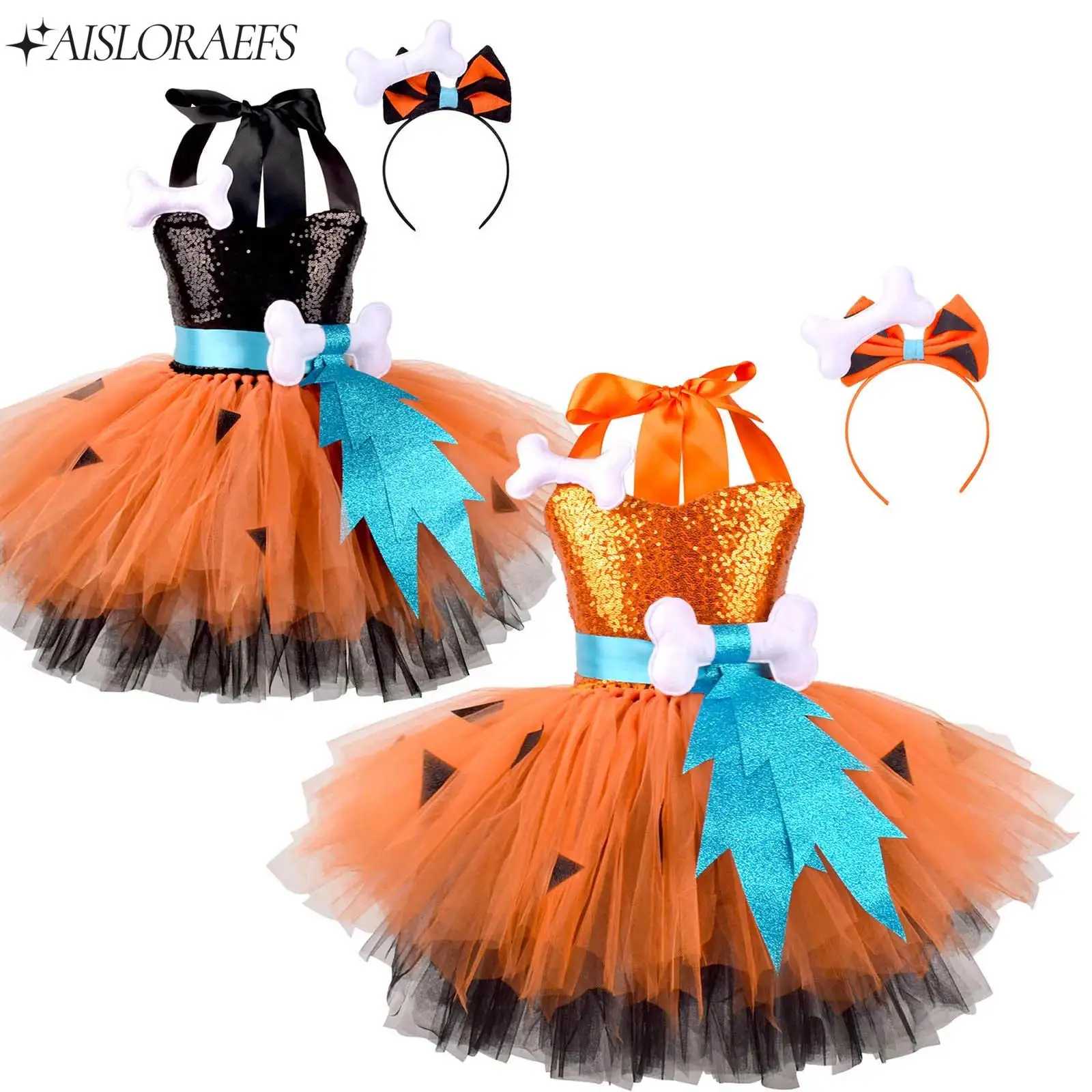 

Kids Girl Halloween Themed Party Cave Cosplay Costumes Cavegirl Sequins Dress Halter Neck 3D Bone Puffy Skirt with Headwear Sets