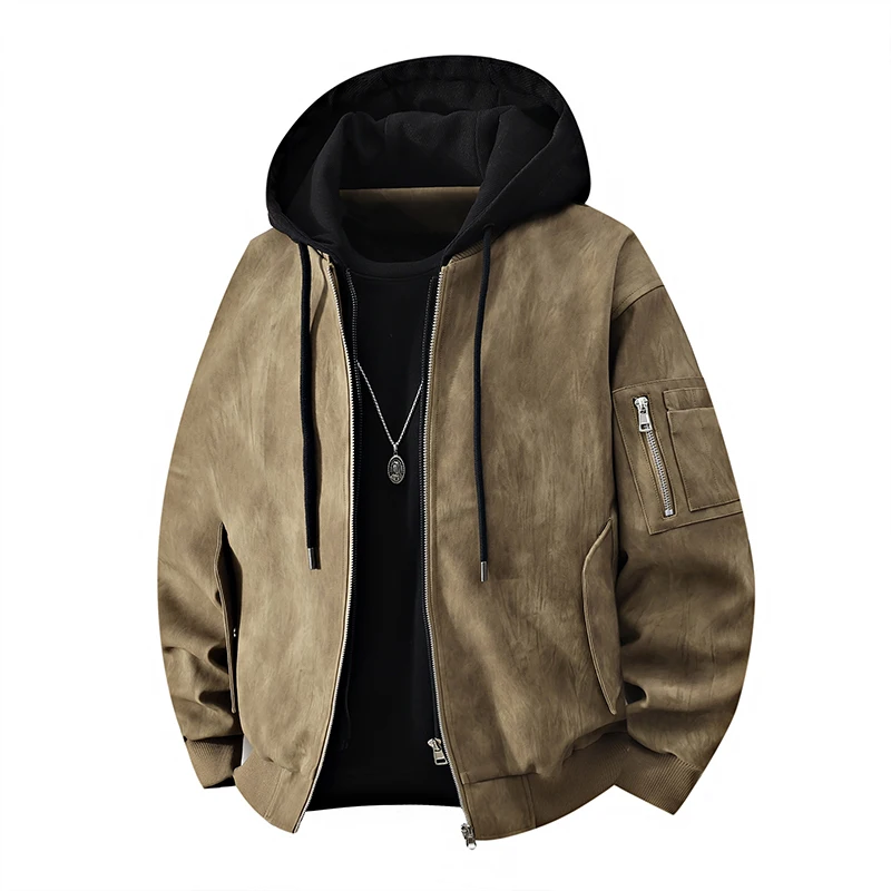 

Men Large Size M-8XL Retro Jackets Splicing Fake Two Piece Hooded Water Washed Leather Jacket Men Trendy Brand Loose Casual Coat