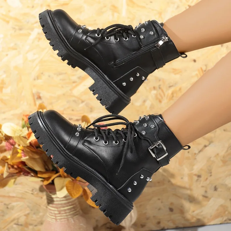Studded Block Heel Booties Fashion Round Toe Lace-up Platform Non-Slip Wear-Resistant Women's Shoes
