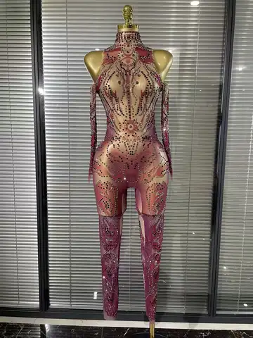 Frauen Sparkly Diamant Sexy Mesh Overall Nachtclub Bar Abend Party Zeigen Gogo Tänzerin Kleidung Drag Queen Outfit Bühne Kostüm