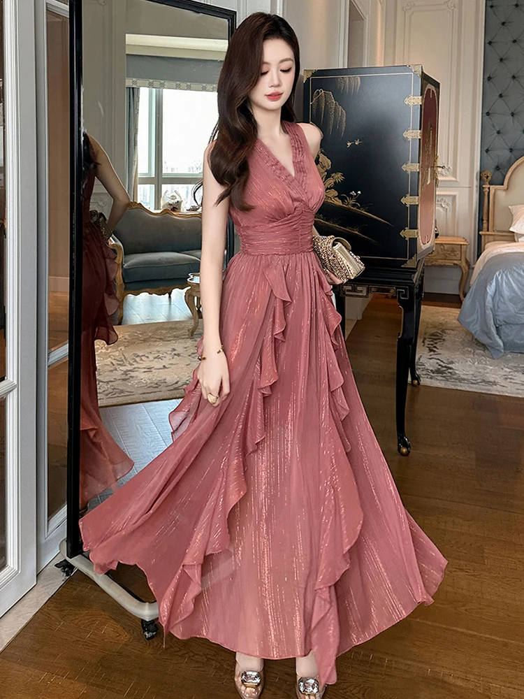 Abbigliamento da donna Vacanza Boho Vestito da festa Femminile Dolce Sheer Birght Seta Increspature Corsetto Pieghettato Abito lungo Vacanza Club Abiti