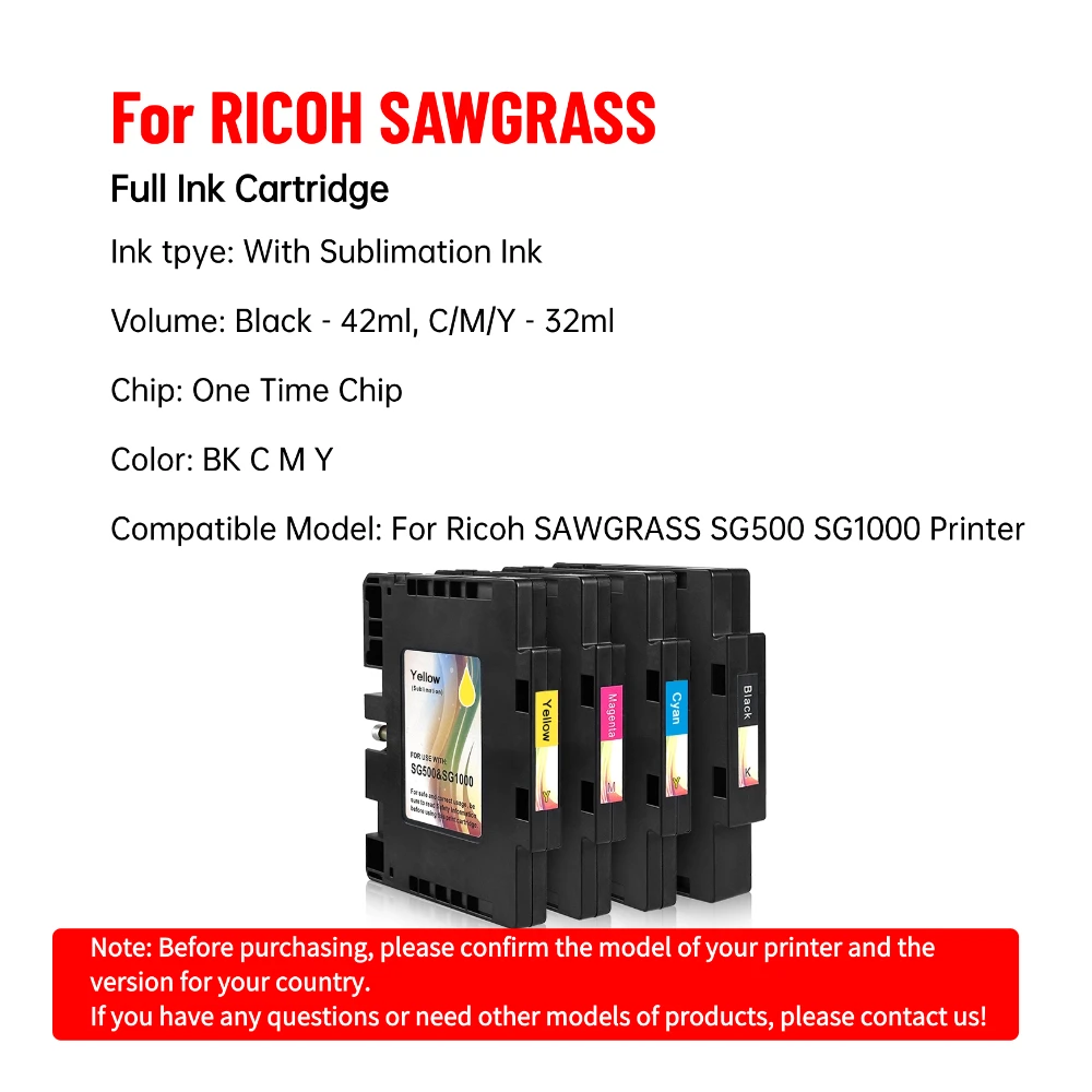 

Совместимый чернильный картридж для принтеров Ricoh SAWGRASS SG500, SG1000, 42 мл, 32 мл, с чипом, с сублимационными чернилами, черный, синий, мagenta, желтый