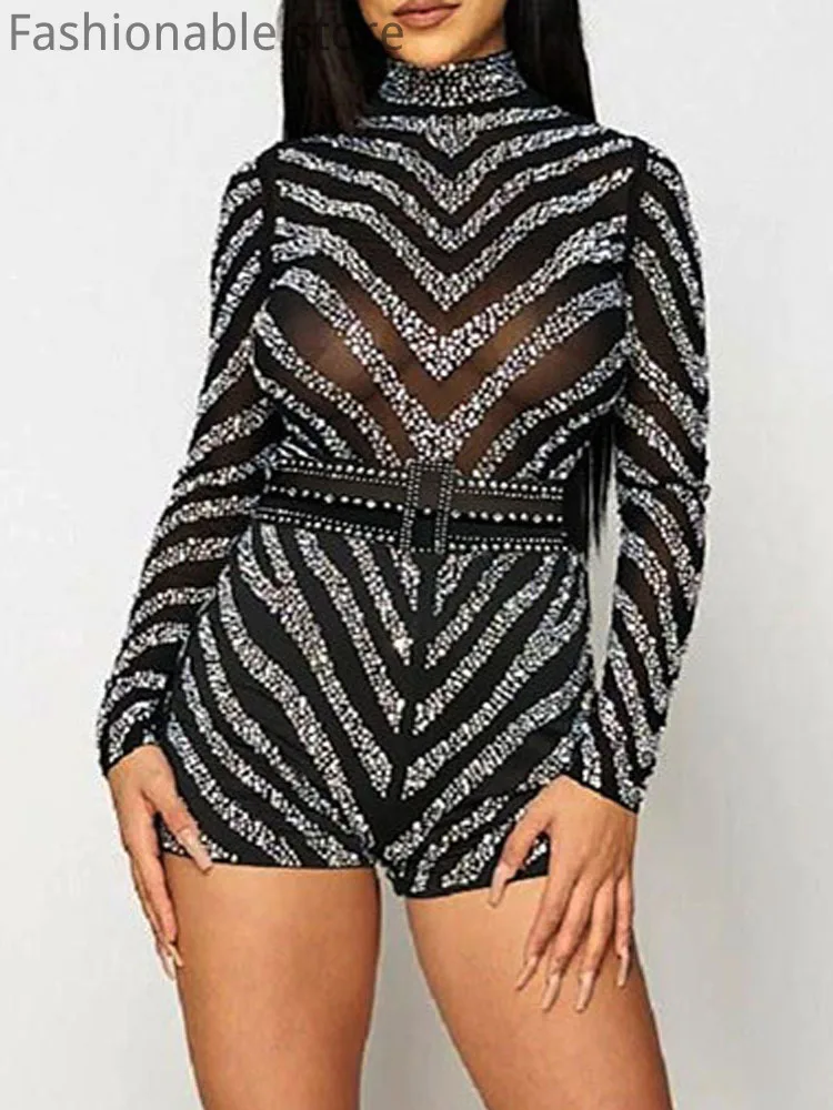 Women Sexy Romper Half High Collar Rhinestone Detail Mesh Long Sleeve Straight Playsuits