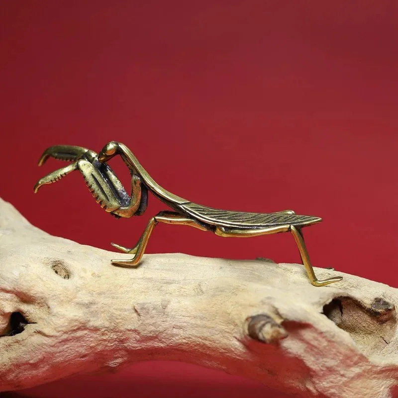 Adorno de Mantis de latón de simulación, figuritas de insectos antiguos, decoraciones de escritorio en miniatura, artesanía, té, mascota, Feng Shui, coleccionables