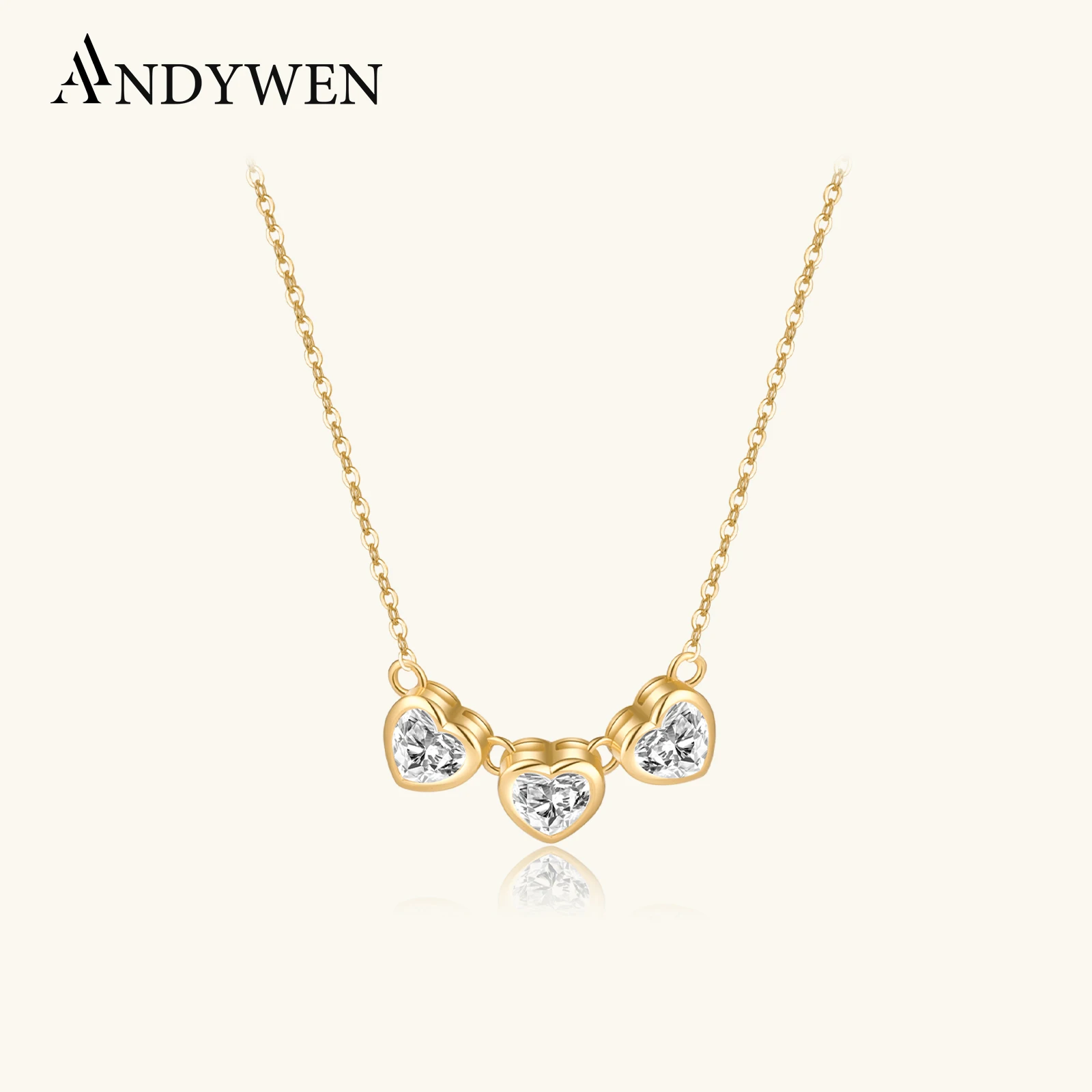 

ANDYWEN Стерлингового Серебра 925 пробы Золото Три Сердца Циркон Очарование CZ Подвеска Длинная Цепочка 2025 Женские Роскошные Изящные Ювелирные Изделия Колье Драгоценности