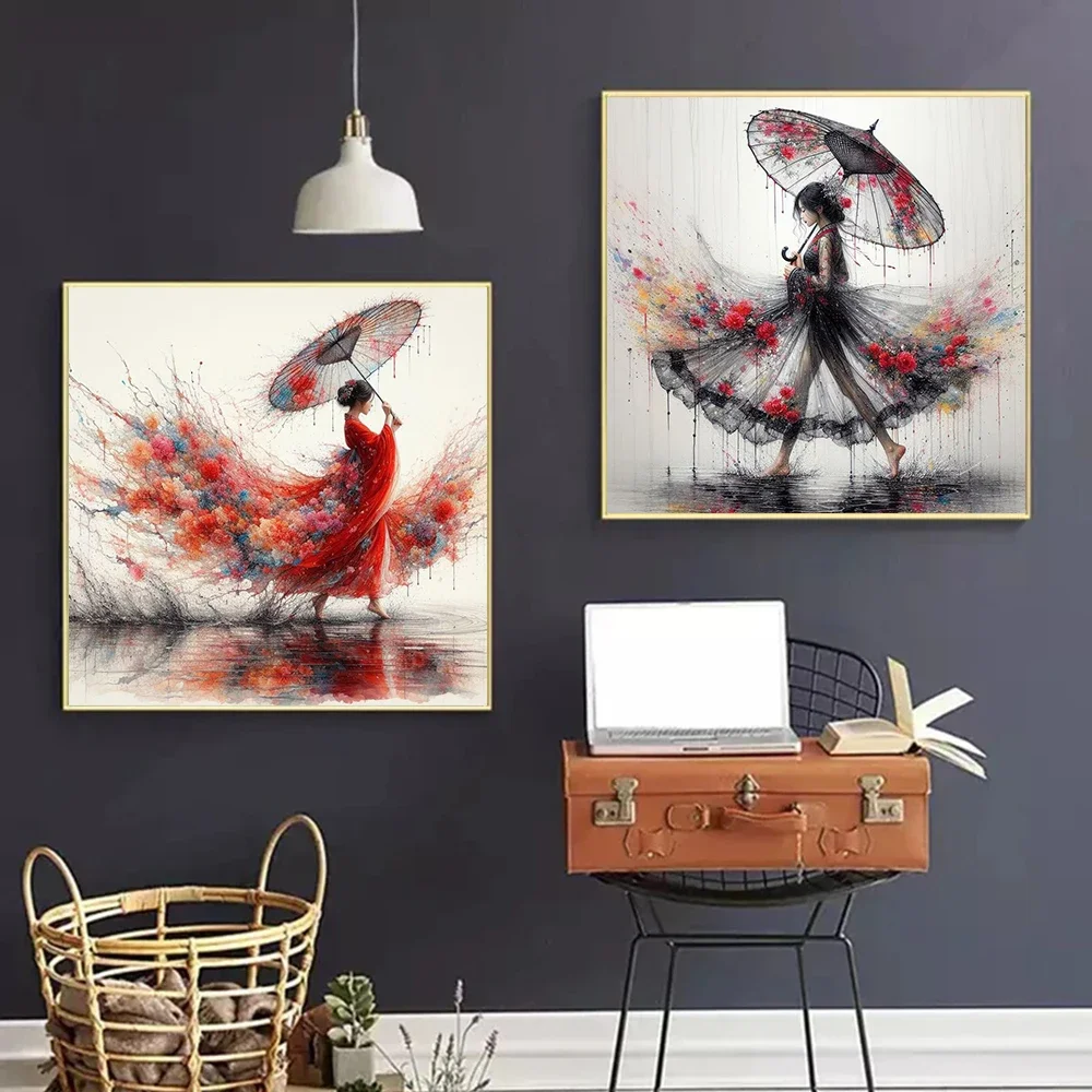 Chinese Hanfu Woman With Umbrella Poster Prints For Living Room Home Decor Abstract Beauty Girl Canvas Painting Wall Art Gift