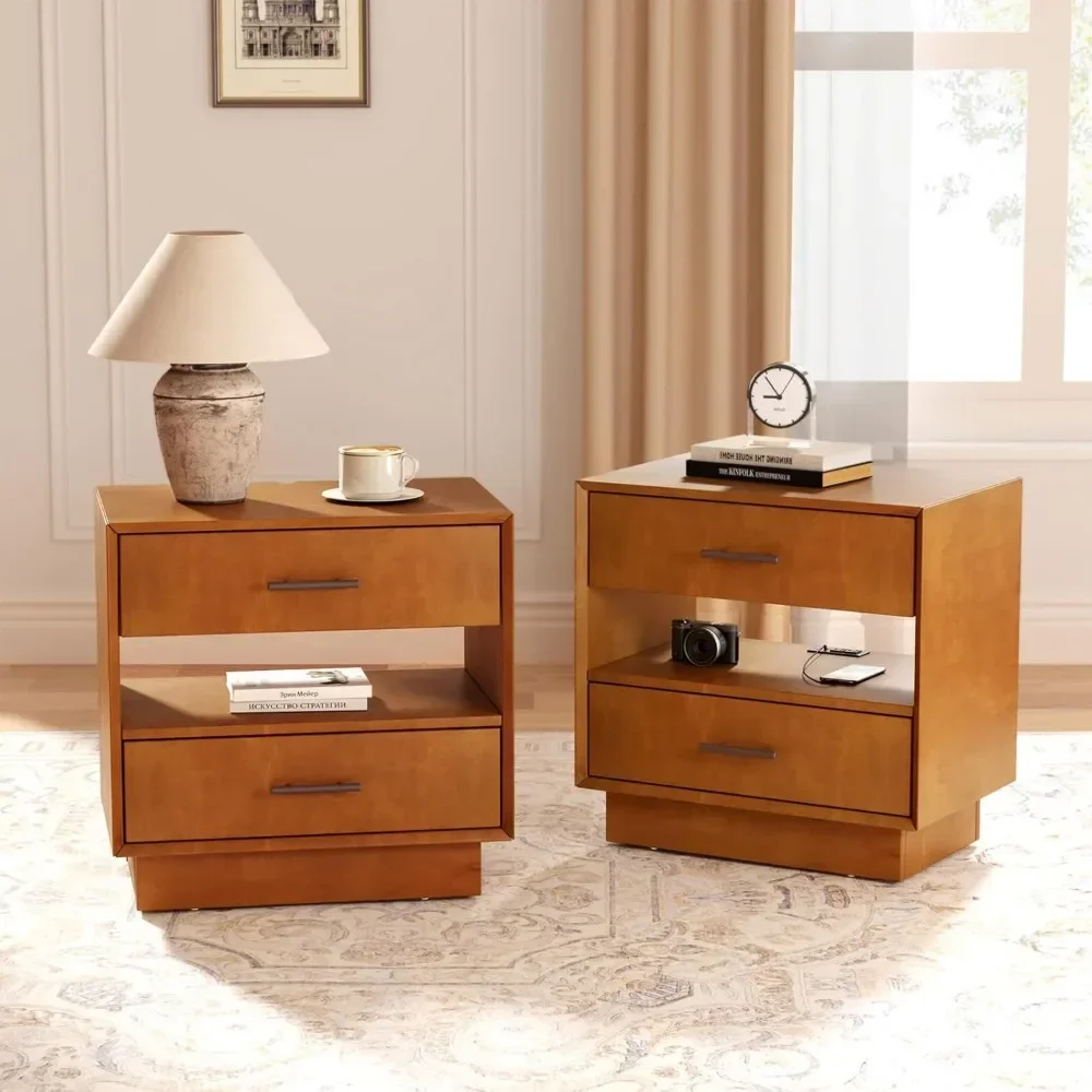 

Nightstand Set of 2, Mid Century Modern 2 Drawer Nightstand with Charging Station, Bedside Table