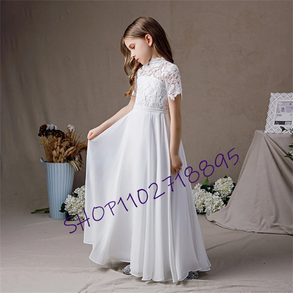 Weiße High Neck Chiffon Erstkommunion Kleider Spitze kurze Ärmel Junior Brautjungfer Kleid Konzert Geburtstags feier