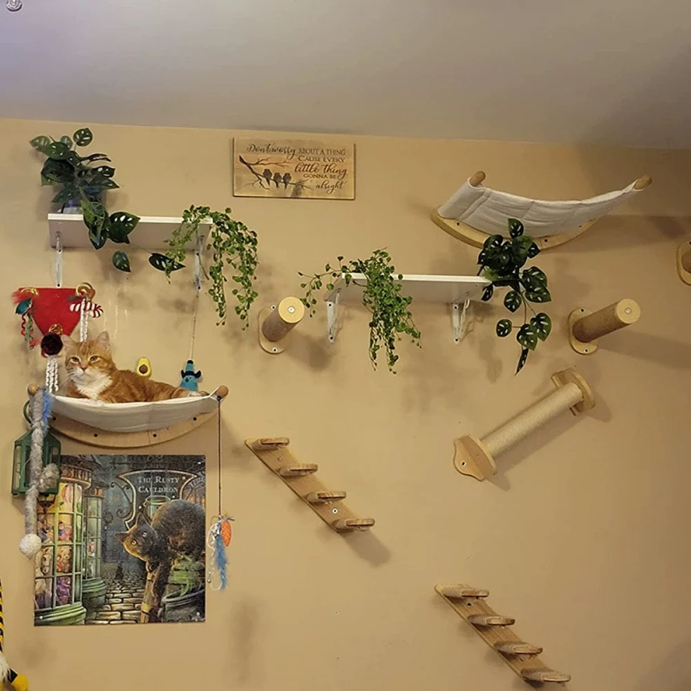 Katzen-Kratzbaum Wandkletterregale Hängematte Holz Sisal Katzenbaum Kratzturm für Hauskatzen Haustiermöbel und -betten – Detail 2