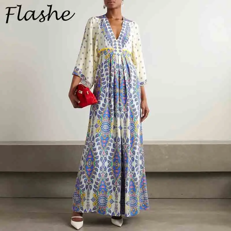 

Summer Vintage Printed Long Dress Women Casual V Neck A-Line Loose Beach Holiday Dresses Elegant Ladies Dresses