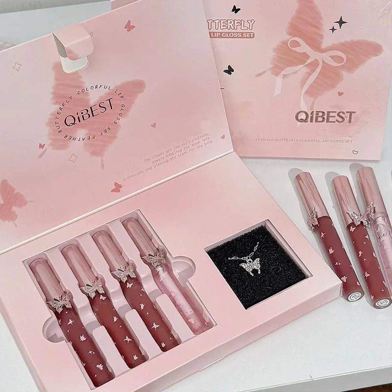 Feather Butterfly Soft Gloss Lippen-Make-up-Set, matt, matt, Herbst- und Winteratmosphäre, weiße Halskette, Lippenschlamm-Set