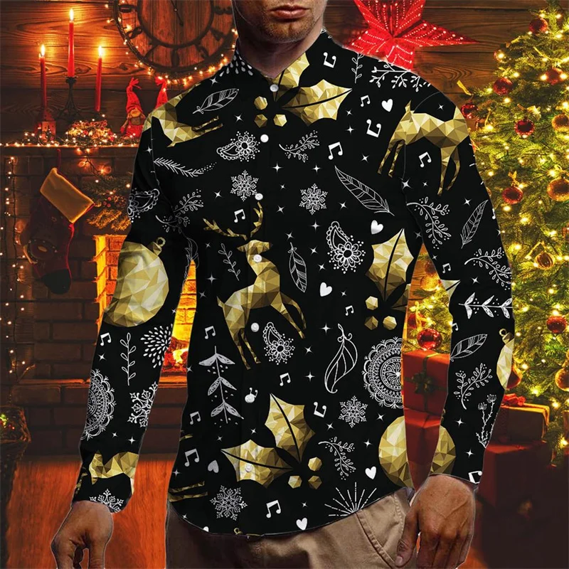 Christmas Decoration Pattern Hawaiian Shirts For Men Santa Claus Reindeer 3D Print Blouse Casual Loose Aloha Shirts Long Sleeves