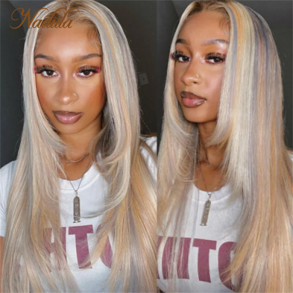 Nadula Hair 6x4.5 Pre Cut Lace Wig 13X4 Lace Front Wig Glossy Blonde With Silver Highlight Straight Wig Grey Blonde Highlights