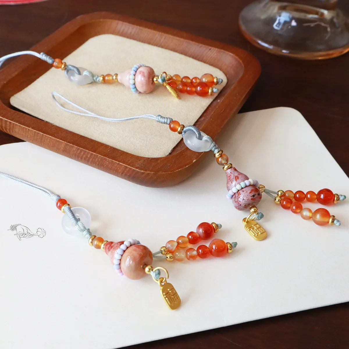 Snqp Natural Coral Jade Gourd Pendant Chinese Style Lucky Wealth Blessing Bag Charm Keychain Phone Hanger Feng Shui Good Luck