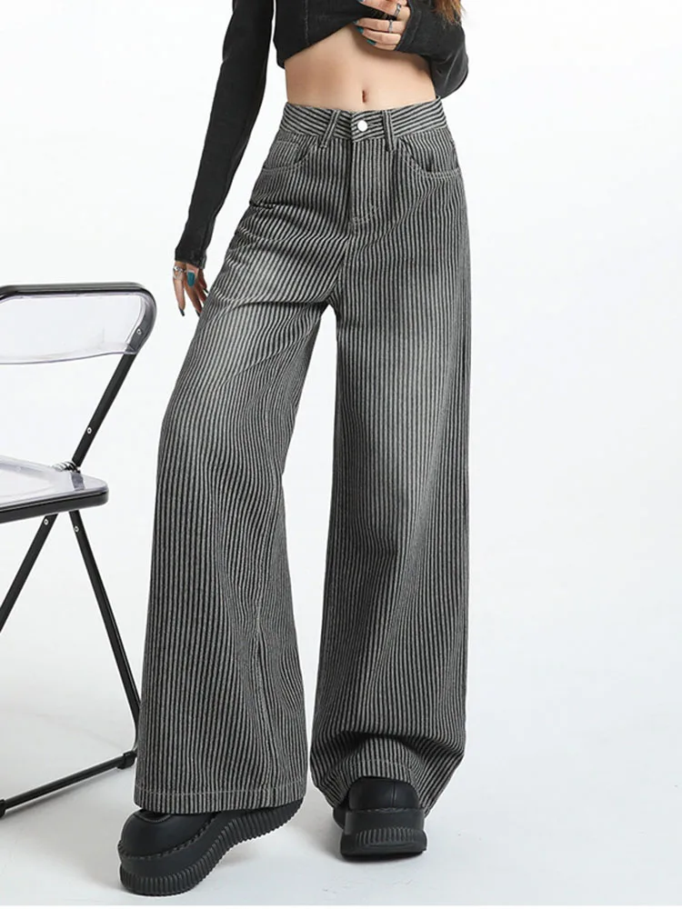 Gestreepte vintage jeans met wijde pijpen Baggy dames casual mode denim broek retro streetwear hoog getailleerde losse rechte vaqueros