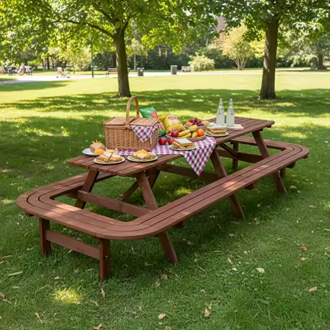 "16-Person Wooden Picnic Table w/ Umbrella Hole, Durable Outdoor Furniture for Patio, BBQ, Deck"