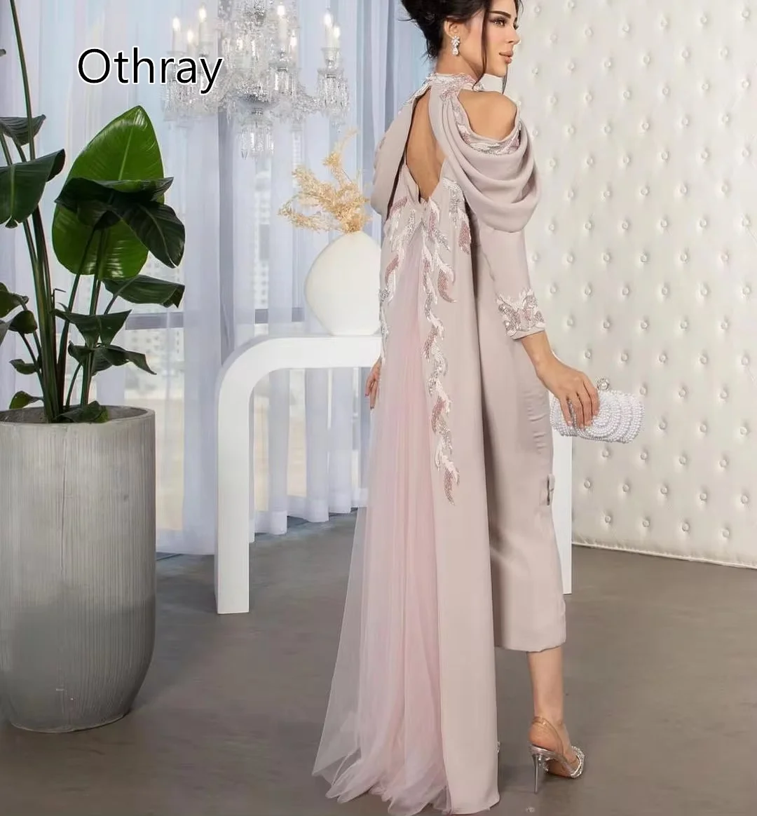 Otrray-vestido de noche de Arabia Saudita para mujer, precioso vestido con cuentas y abertura en forma de cerradura, mangas largas, vestido Formal para fiesta nocturna, tren trasero, Met Gala