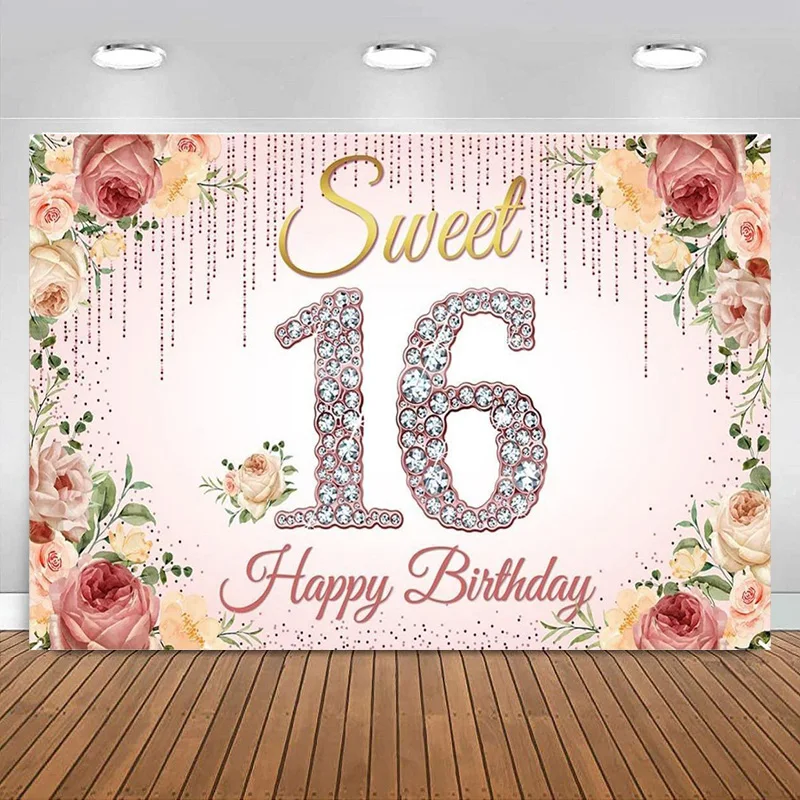 Happy 16 Birthday Decorations Rose Gold Backdrop Banner for Girls Pink Floral Sweet Sixteen Party Photography Background