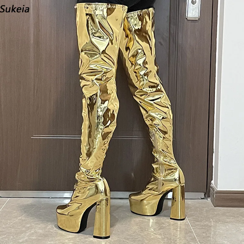 

Sukeia/Новые женские весенние сапоги до бедра на массивном каблуке с круглым носком, красивые серебряные туфли цвета шампанского для подиума, женские размеры США 5-20