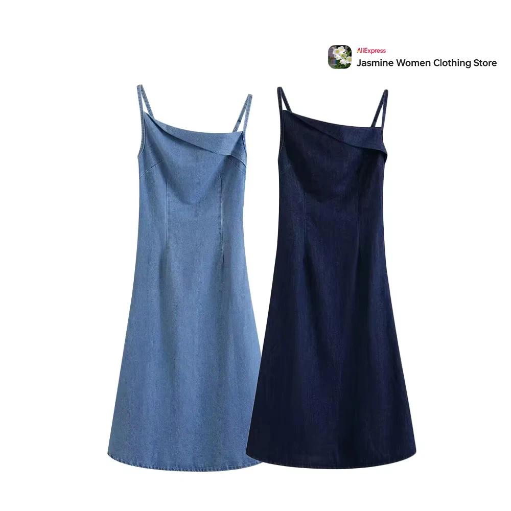 Ladies Casual 2 Colors Summer Denim Dress Thin Straps Femmes A-line Midi Dress Basic Vintage Asymmetric Neck Camisole Jean Dress