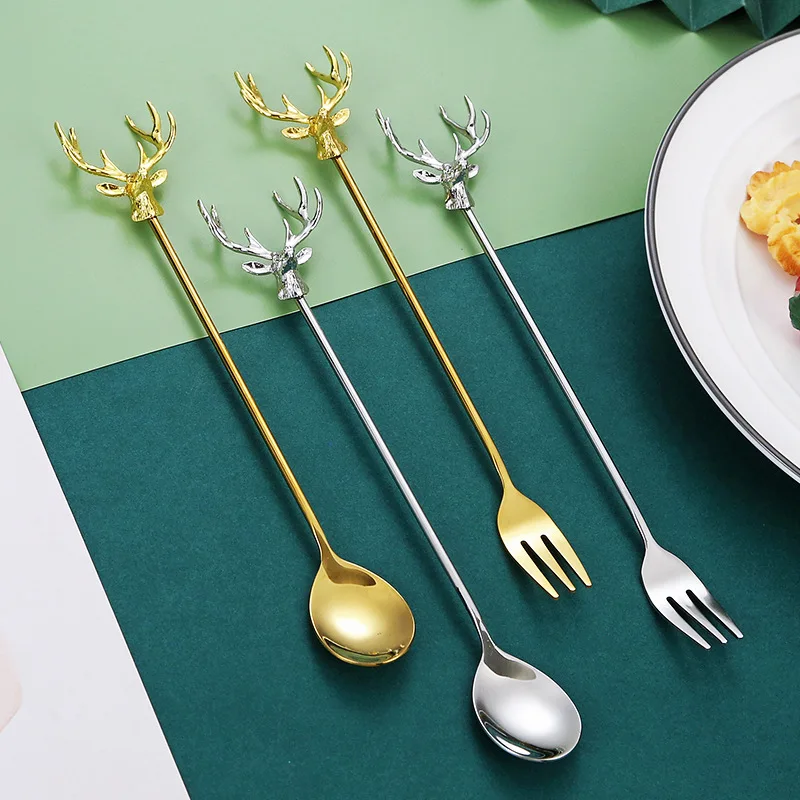 304 stainless steel moose ice tea spoon long handle coffee milk tea dessert fork spoon gold stirring spoon