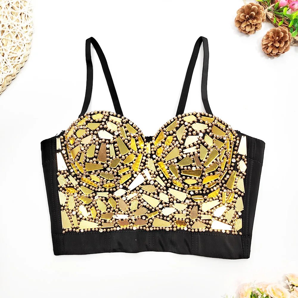 Złoty Steampunk zroszony diamentowe cekiny gorsetowe topy kobiety impreza w klubie nocnym gorset krótki top Push Up gorset Bralette biustonosz kamizelka — zdjęcie 4
